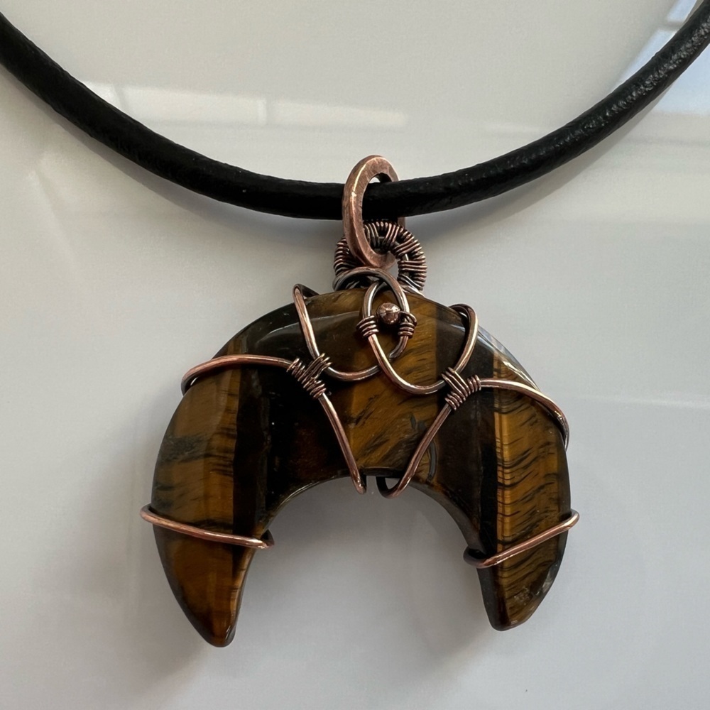 Artisan Copper Wire Wrapped Crescent Moon Tigers Eye Cabochon Necklace - Picture 2 of 11